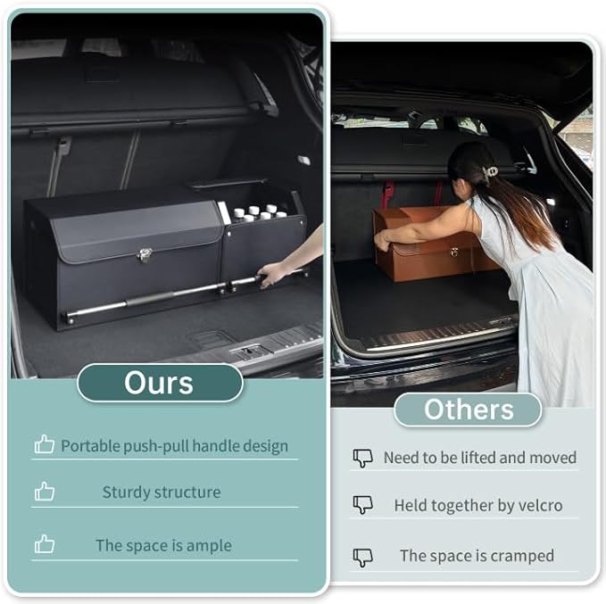 Car Trunk Organizer, Collapsible Leather Car Trunk Storage Organizer with Lid and Sturdy Handle Car Organizer and Storage for SUV, Truck, Sedan (Black, 36.2 x 11.4 x 12.2in)