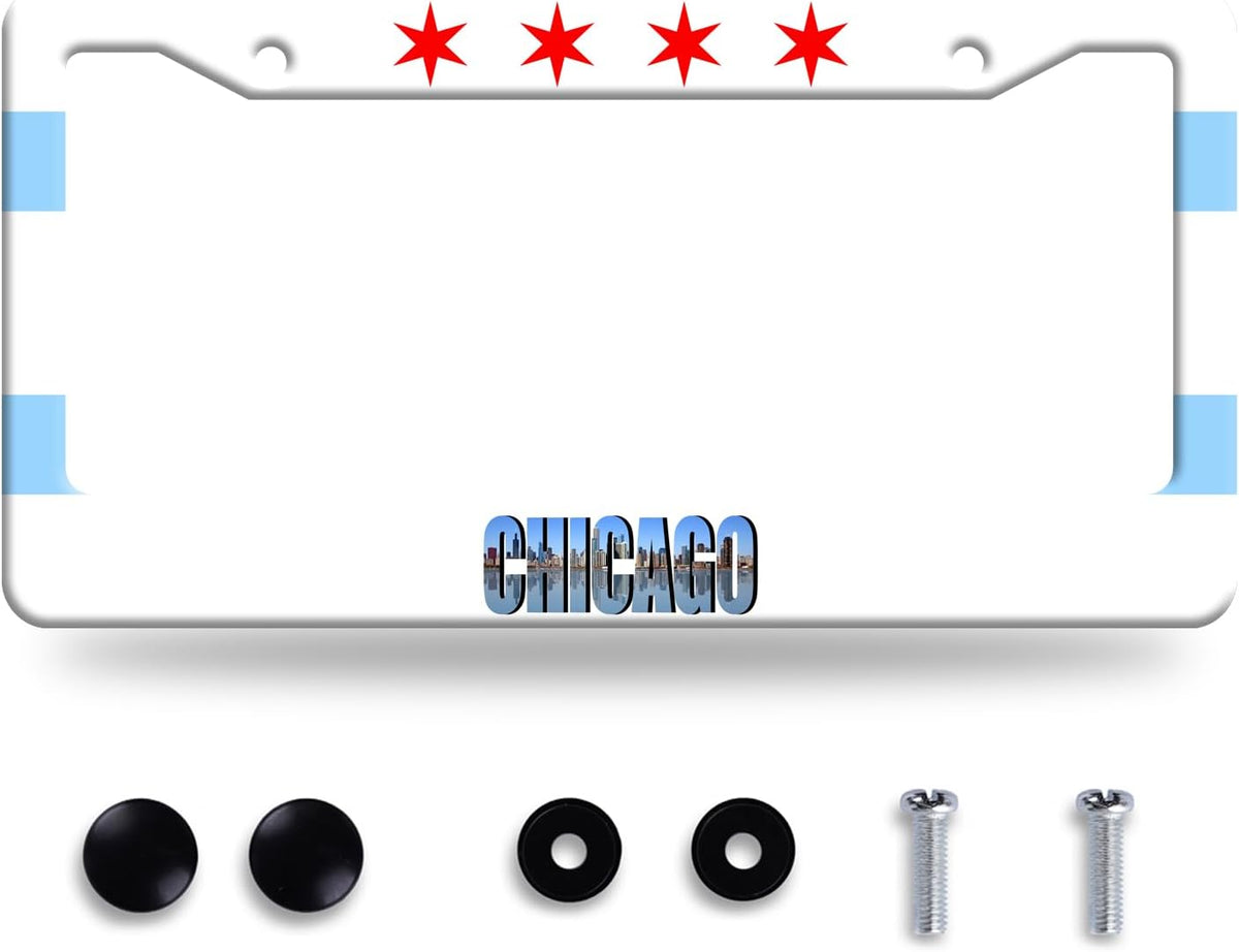 Chicago Flag License Plate Frame City Theme License Plate Stainless Steel Parts Funny License Plate Decorative with Screws Size 12.3" x 6.3" Men Women