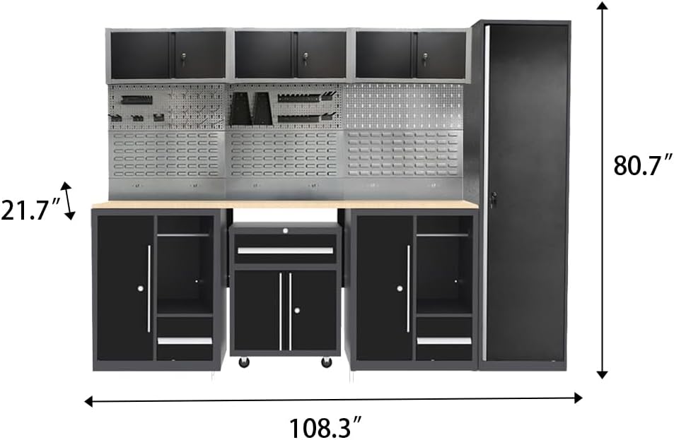JZD Garage Workbench Set, Metal Tool Cabinet System with Overhead Storage, for Workshop Organization