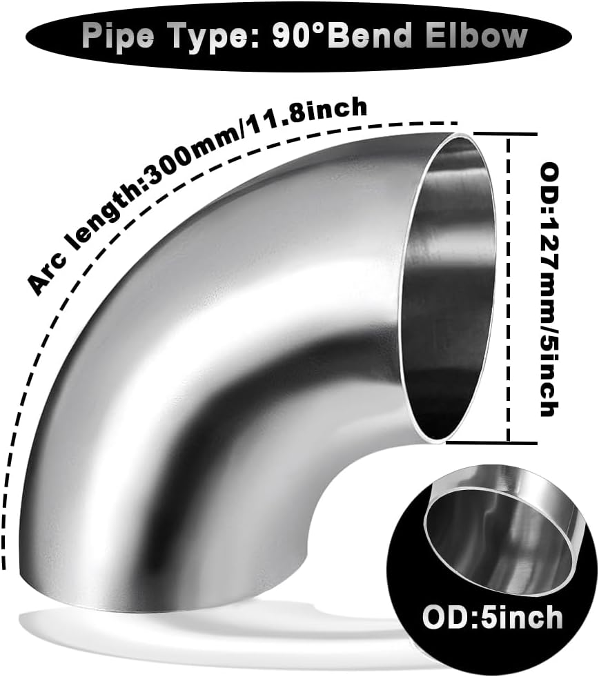 Cotonake OD 5 Inch 90 Degree SS304 Stainless Steel Bend Tube Exhaust Elbow Pipe for Car Modified Exhaust System 5" Piping Silver Tone，Stair Handrail (1pcs)