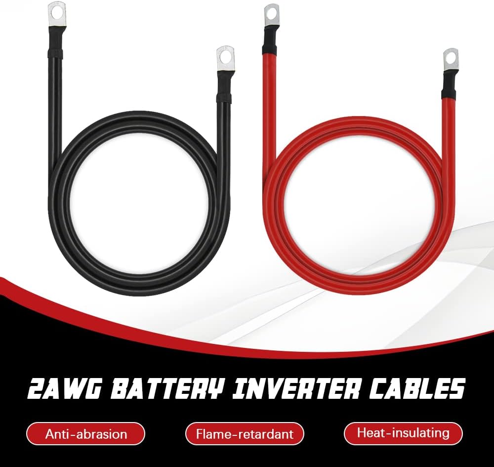 A ABIGAIL 2 AWG Battery Cables 2 Gauge Pure Copper Battery Inverter Cables with 3/8 in Lugs terminals Marine Grade for Automotive Solar Power Inverter Boat RV Car Motorcycle (5FT)
