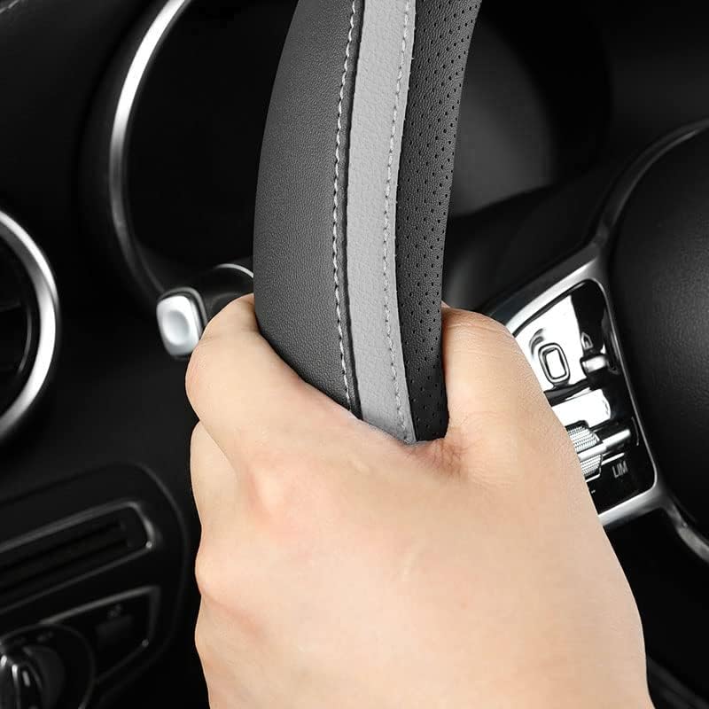 Car Steering Wheel Cover, Leather Steering Wheel Cover Grey Universal 14.5-15 Inch Microfiber Leather Anti-Slip Breathable Auto Steering Wheel Covers for Men Women (Black&Grey)