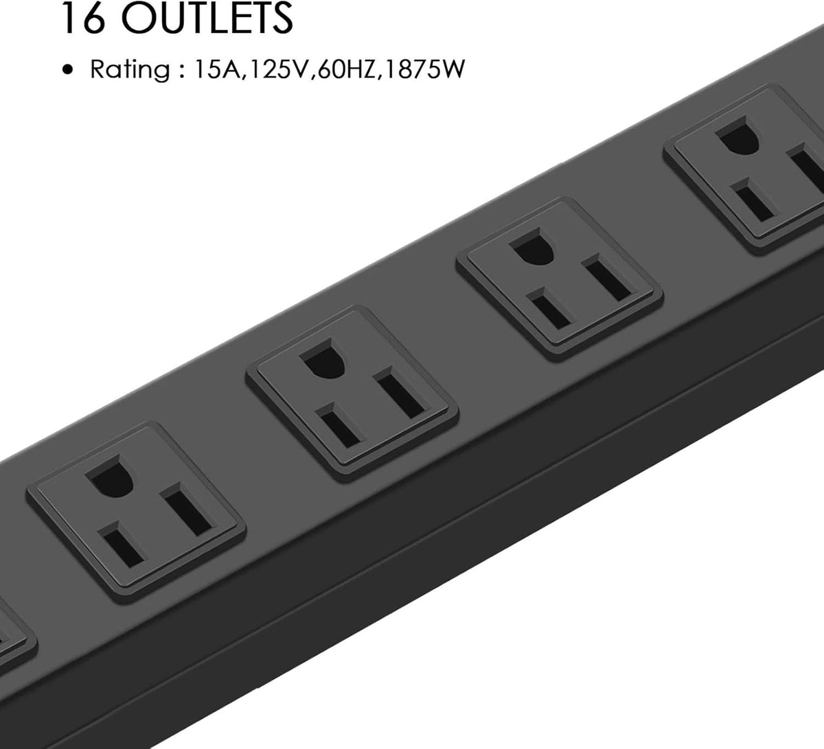 HHSOET Metal Wall Mount Power Strip, 16 Outlets, 3 FT SJT 3/C 14AWG Power Cord, 15A 125V 1875W, Black