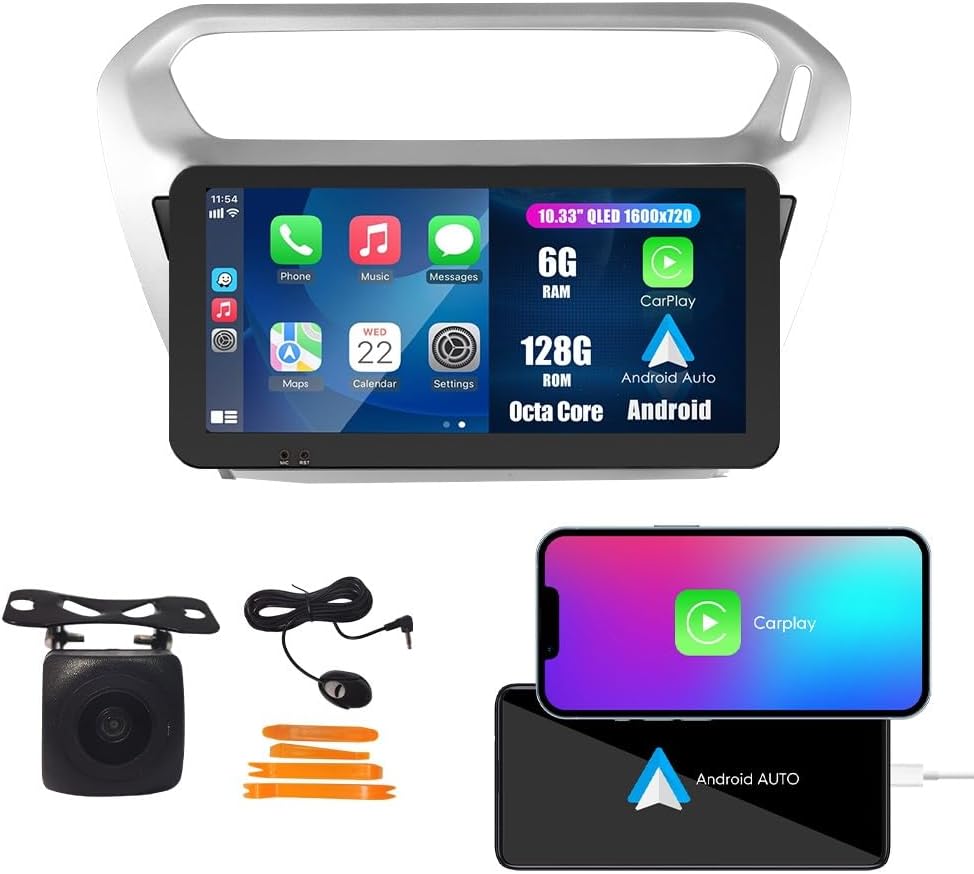 Kunfine Car CarPlay Android Auto Navigation Stereo GPS Radio Reverse Camera Display 10.33" QLED Touchscreen Headunit Tablet Media Player for Peugeot 301 13-22, if Applicable Octa Core 6G+128G Silver