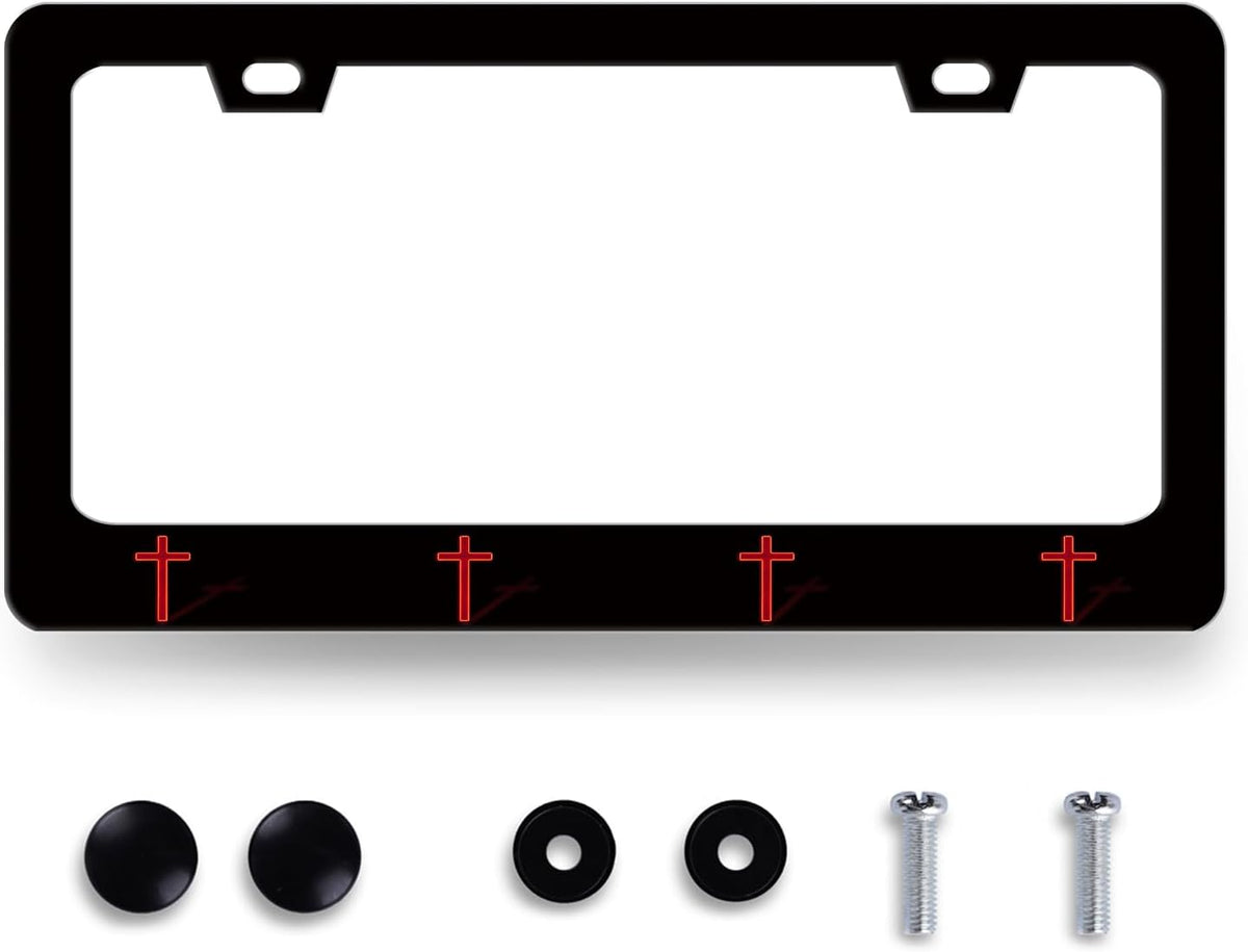 Jesus Cross License Plate Frame Red Christian Cross License Plate Holder Funny License Plate for Car Decoration Stainless Steel Religiou Car Accessories with Screws Men Women 12.3" x 6.3"