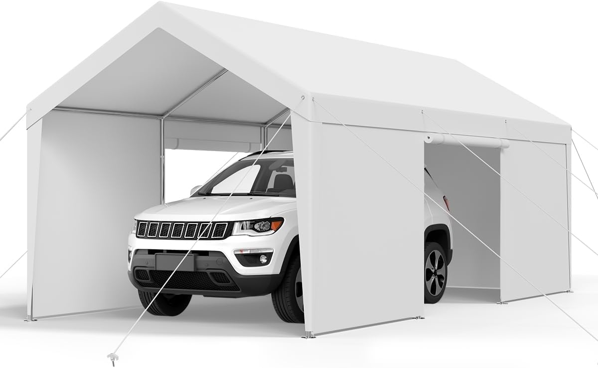 VEVOR Carport, 12 x 20 FT Outdoor Car Canopy, Potable Carport with Removable Sidewalls & Door, Heavy Duty Car Shelter, UV-Resistant & Water-Resistant, All-Season Protection for Automobile Boat White