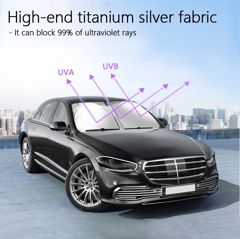 Car Windshield Sun Shade,Foldable Reflective Sun Visor,Sun Heat and UV Rays Blocker,210T Coated Silver Cloth Reflective Polyester