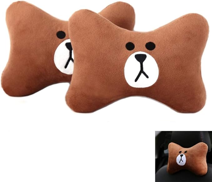 CHERISH Car Neck Pillow - 2 Pack Cute Bear Headrest Support Cushion, Soft & Comfortable Car Seat Accessory, Universal Travel Headrest for Car & Home Use (Brown)