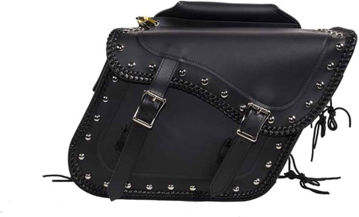 Synthetic Leather Motorcycle Luggage Bag - Waterproof Throw Over Saddlebags For Motorcycles - Softails, Sportsters, Choppers, Dyna, V-star, Shadow (With Studs, Black, 13'x13'x10')