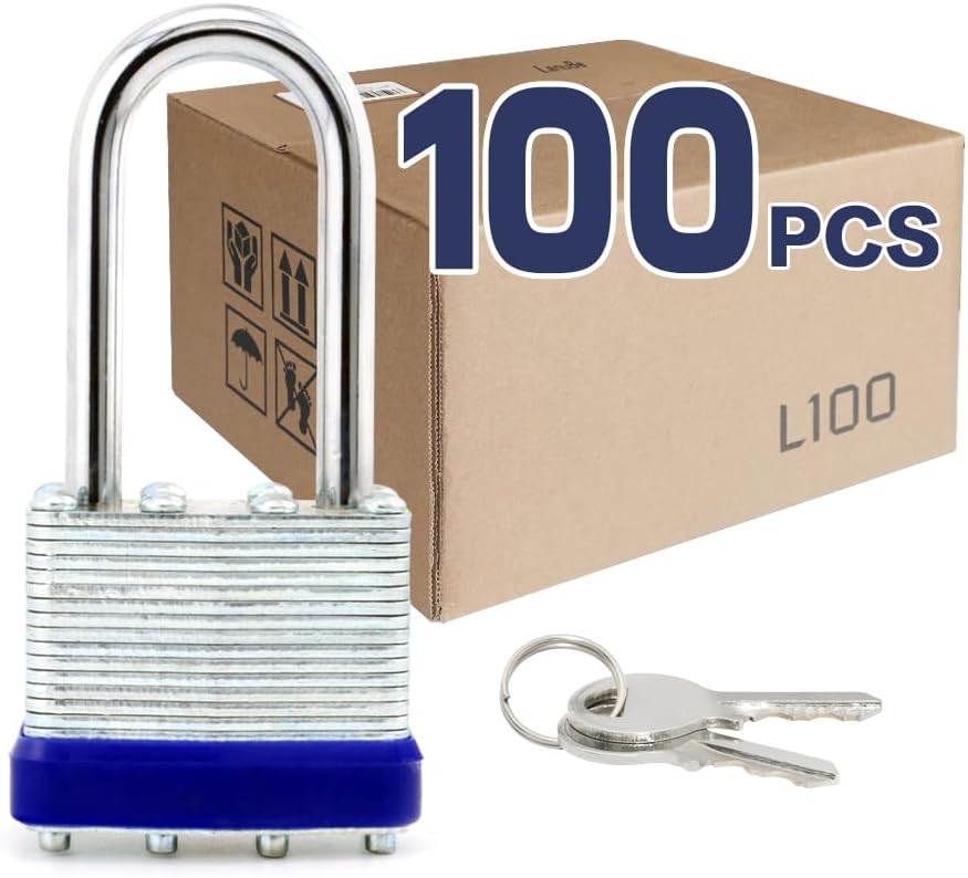LanuBe Laminated Padlock 1-9/16inch (40mm) Long Shackle 100 Pack Keyed Alike, Blue Plastic Hoop, Bulk Locks for Warehouse, School