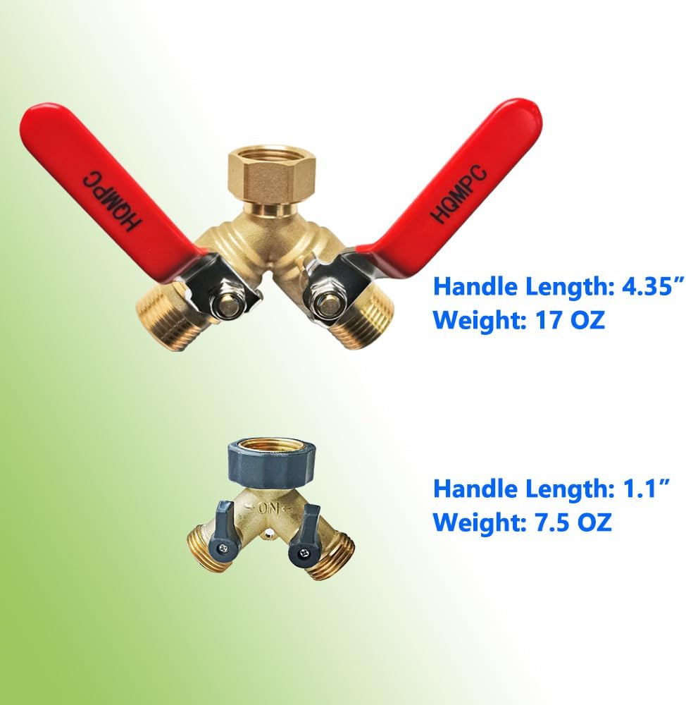 HQMPC Garden Hose Y Valve Splitter Brass Hose Splitter With Stainless Steel Long Handle Brass Garden Hose Adapter 2 Way Y Valve 3/4" GHT Thread 2pcs