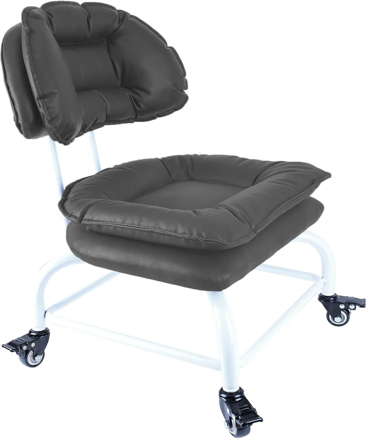 Rolling Stool Wide Seat with Back Rolling Chair 4 Wheels with Brakes for Home Office Garage Shop Waterproof Roller Seat Durable Steel Stand Dark Gray