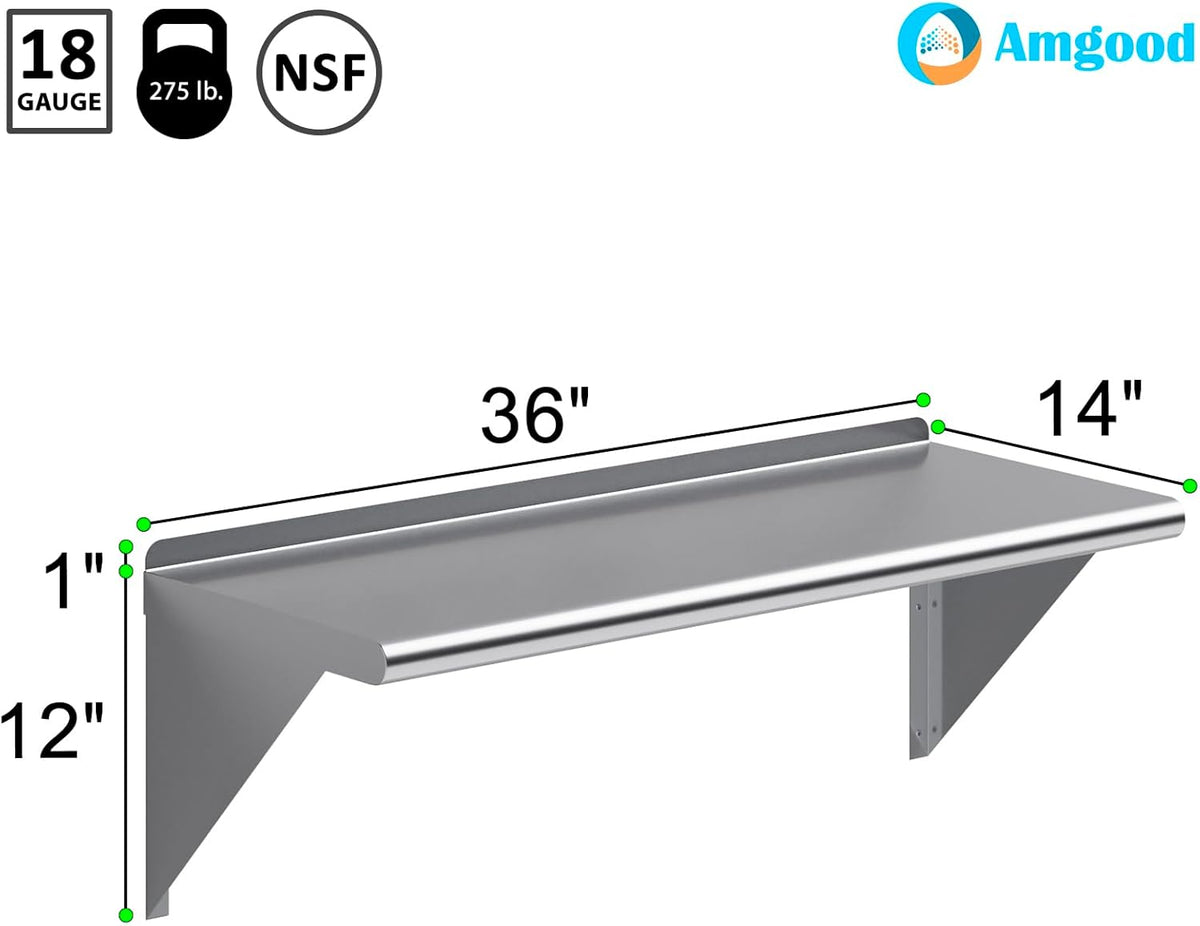 AmGood 36" Long X 14" Deep Stainless Steel Wall Shelf | NSF Certified | Appliance & Equipment Metal Shelving | Kitchen, Restaurant, Garage, Laundry, Utility Room