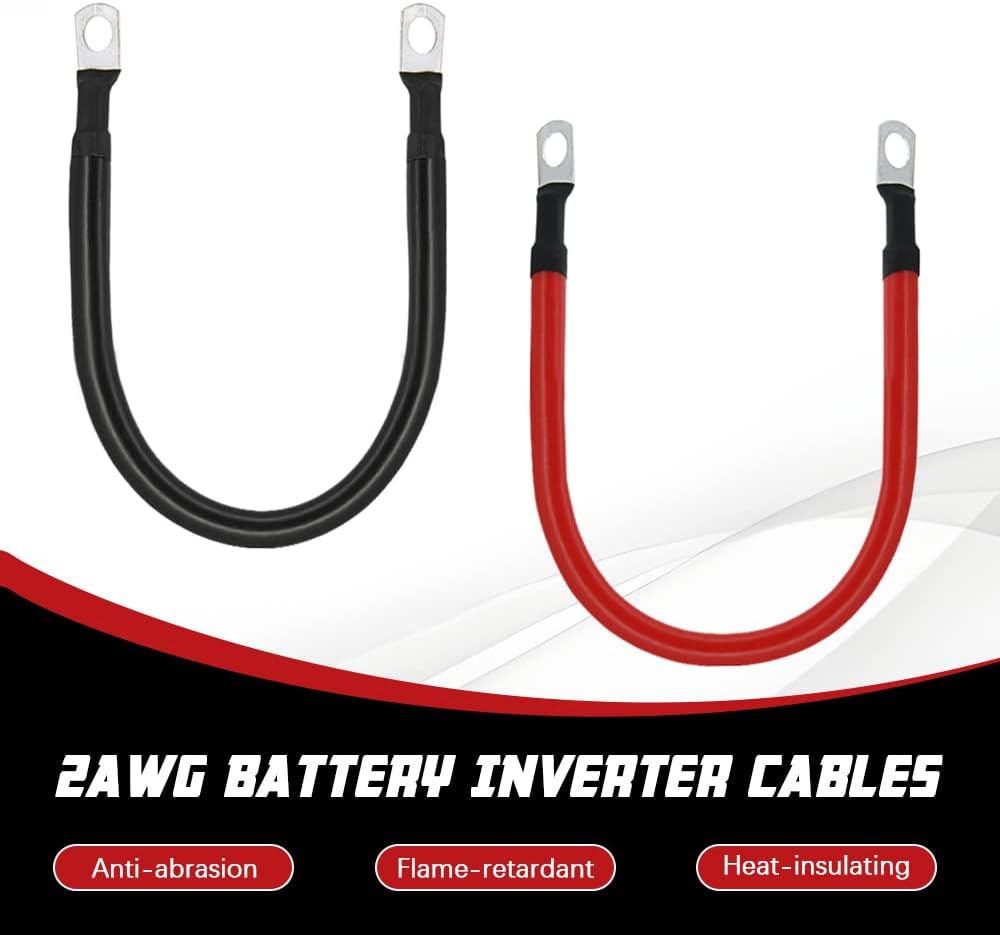 2 AWG Battery Cable 2AWG Gauge Pure Copper Battery Inverter Cables with 3/8 in Lugs Both Ends Power Inverter Wire Set for Automotive Solar Marine Boat RV Car Motorcycle Red and Black (1FT)