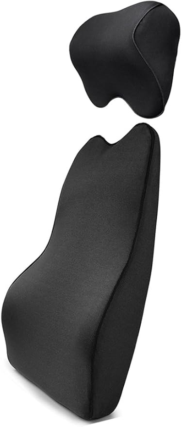 Tektrum Orthopedic Entire Back Support Full Lumbar Cushion for Car & Headrest Neck Pillow Kit - Ergonomic Thick 3D Design Fit Body Curve - Back, Neck Pain Relief, Improve Posture -Black (012011-A)