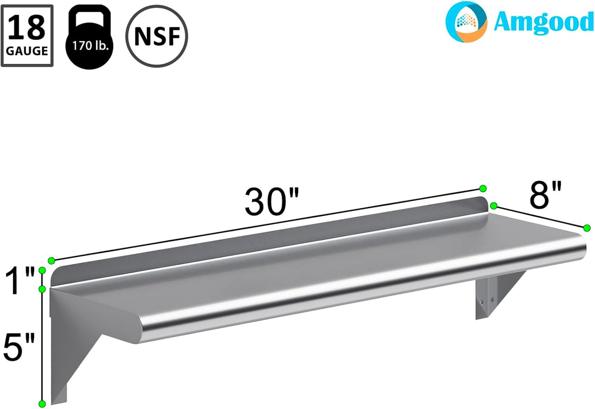 AmGood 30" Long X 8" Deep Stainless Steel Wall Shelf | NSF Certified | Appliance & Equipment Metal Shelving | Kitchen, Restaurant, Garage, Laundry, Utility Room