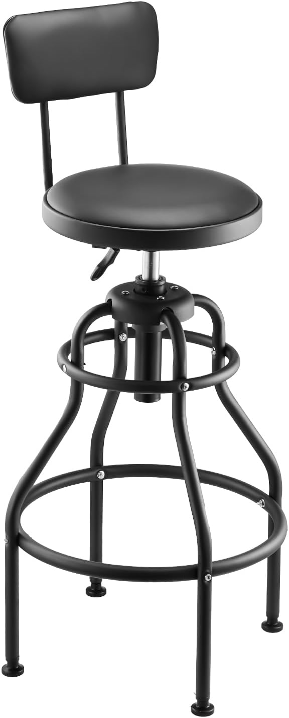 VEVOR Shop Stool with Backrest, Pneumatic Garage Seat/Work Stool with 300 lbs Capacity, Adjustable Height Roller Creeper Seat, 360° Swivel Padded Workshop Stool, for Garage, Shop & Auto Repair, Black