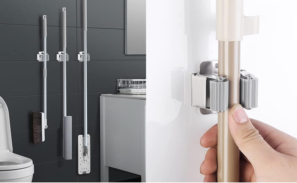 9PCS Broom and Mop Holder, Heavy Duty Garden Tool Organizer Rack Rake and Shovel Handle, Stainless Steel Mop Hanger. Screws for Wall Mounted. Silver.