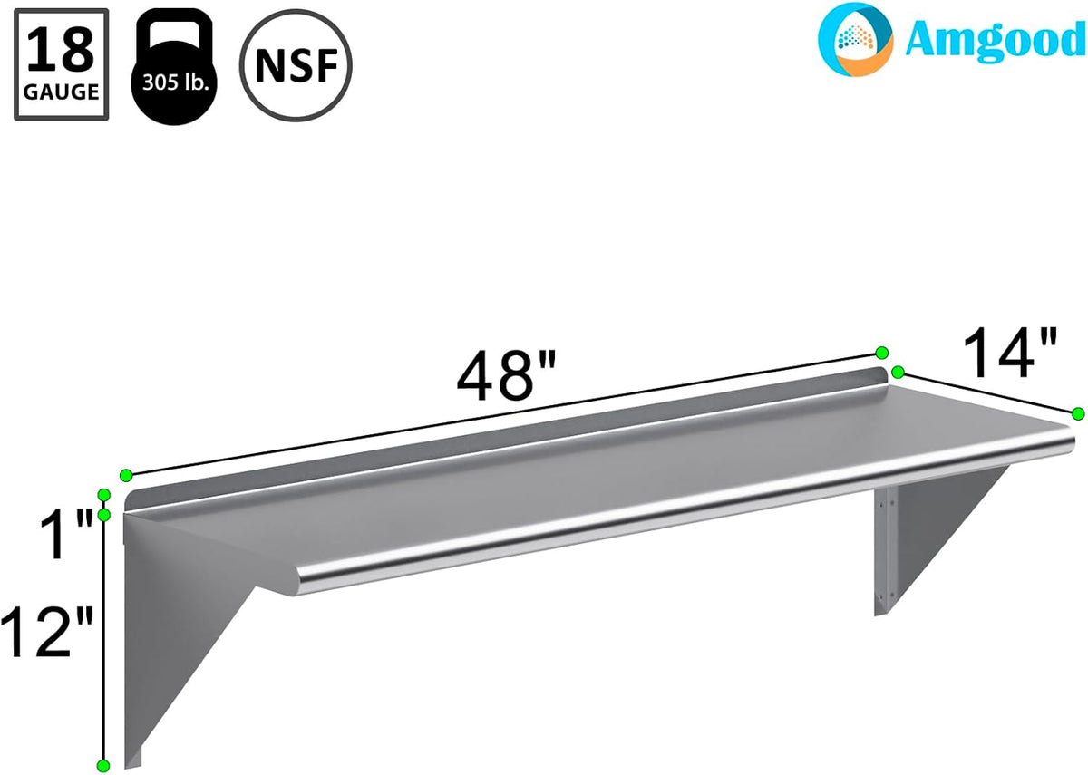 AmGood 48" Long X 14" Deep Stainless Steel Wall Shelf | NSF Certified | Appliance & Equipment Metal Shelving | Kitchen, Restaurant, Garage, Laundry, Utility Room