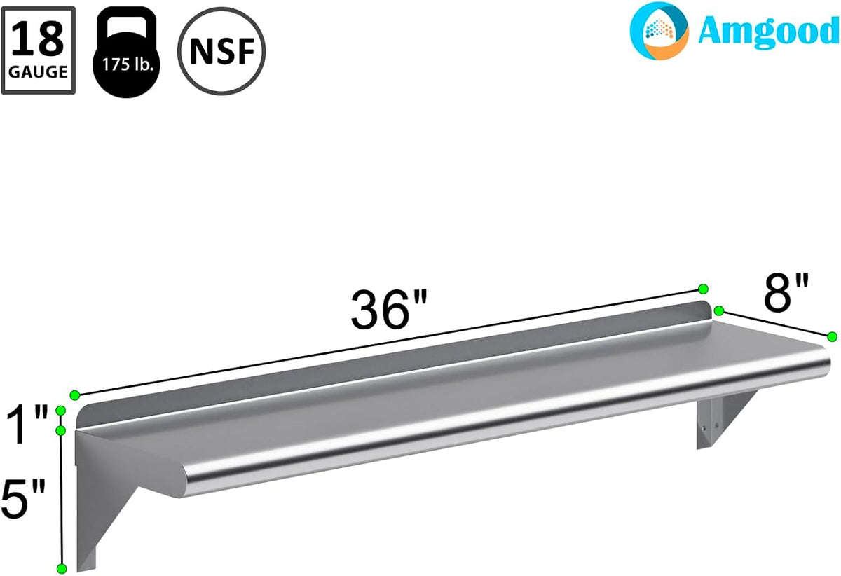 AmGood 8" X 36" Stainless Steel Wall Shelf | Metal Shelving | Garage, Laundry, Storage, Utility Room | Restaurant, Commercial Kitchen | NSF