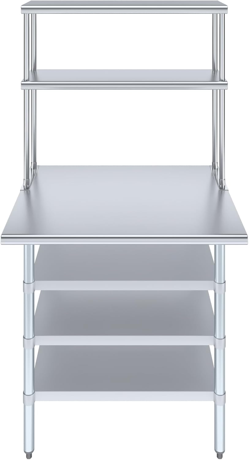 Amgood 30" x 36" Stainless Steel Work Table with 3 Shelves and 12" Wide Double Tier Overshelf | Metal Kitchen Prep Table & Shelving Combo | NSF