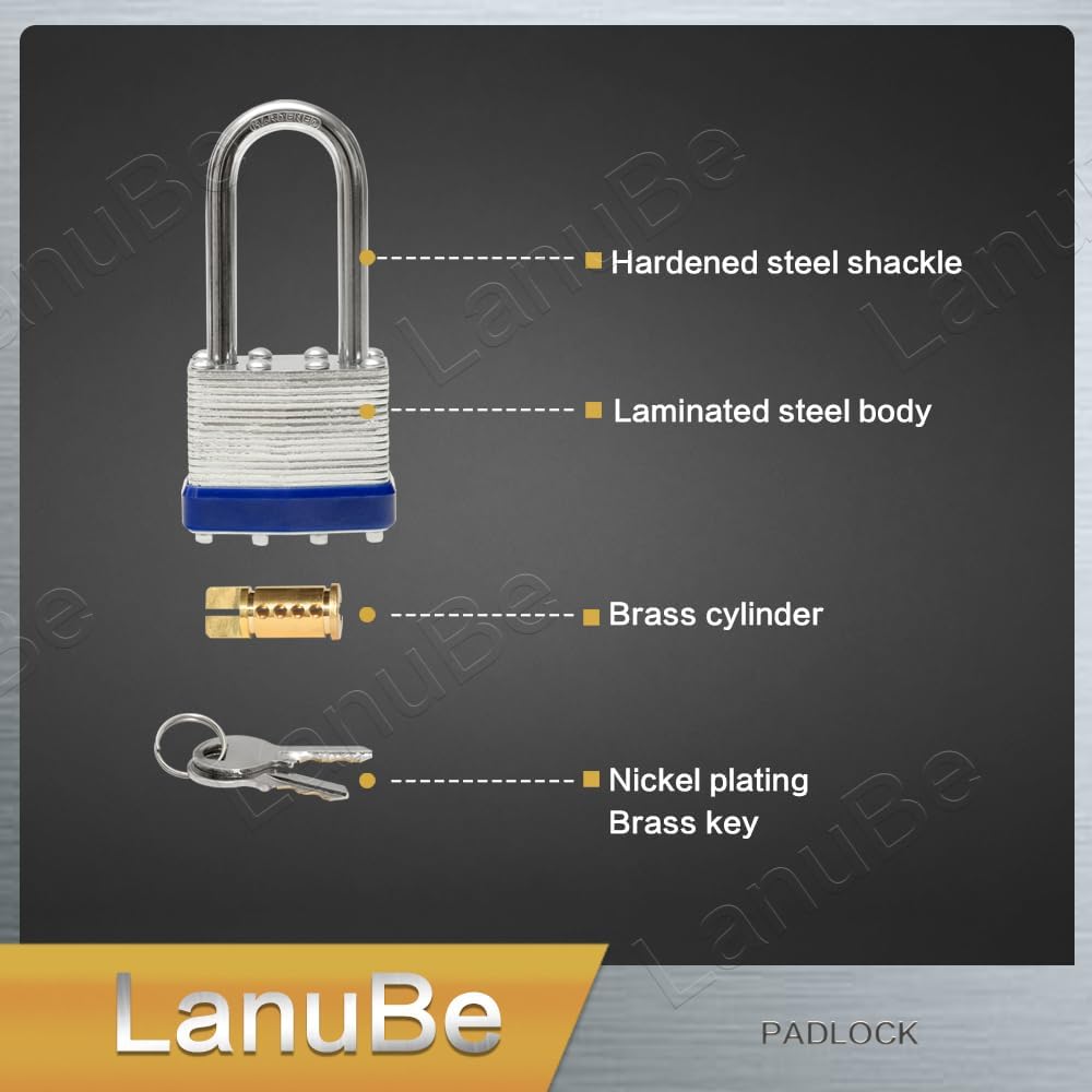 LanuBe Laminated Padlock 1-9/16 inch (40mm) Long Shackle 6 Pack Keyed Alike, Blue Plastic Hoop, Bulk Locks for Warehouse, School