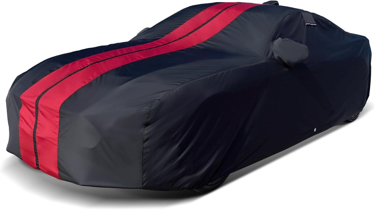 iCarCover Custom Car Cover for Pontiac Sunbird Wagon (1983-1988) Waterproof All-Weather Rain Snow UV Sun Protector Full Exterior Indoor Outdoor Car Cover (Stripe - Black/Red)
