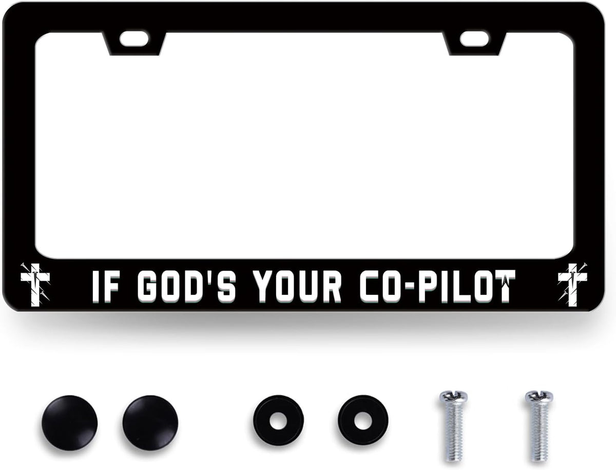 If God‘s Your Co-Pilot License Plate Frame Funny Jesus License Plate Stainless Steel Christian Car Accessory Religion License Plate Cover Decoration with Screws Men Women Size 12.2" x 6.2"