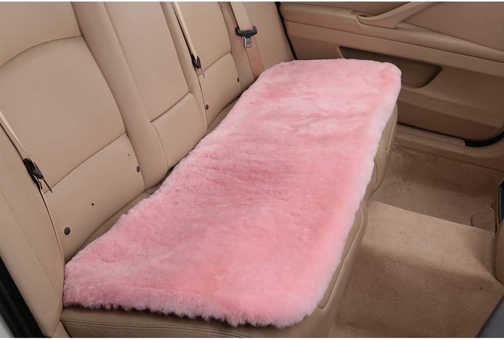 Fluffy Genuine Australia Sheepskin Car Seat Cover for Auto Interior Accessories with Soft Fuzzy Wool Eco-Friendly Natural Fur Non-Slip (Pink, Back)