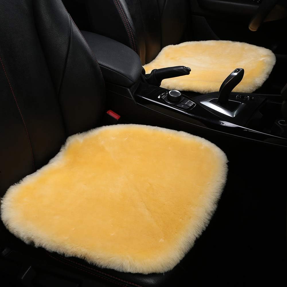 Fluffy Genuine Australia Sheepskin Car Seat Cover for Auto Interior Accessories with Soft Fuzzy Wool Eco-Friendly Natural Fur Non-Slip (Light Yellow, Front)