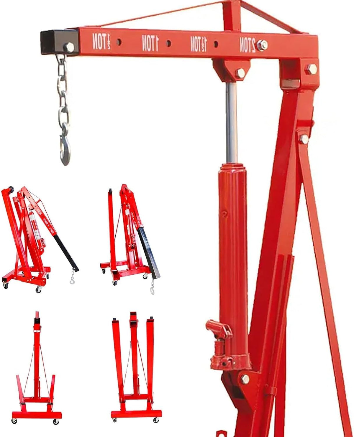Engine Hoist 2 TON Folding Hydraulic Engine Motor Hoist with Load Leveler Lever, Cherry Picker Shop Cranes Lift Red Shop Crane 4000 lb (Engine Stand+Load Leveler)