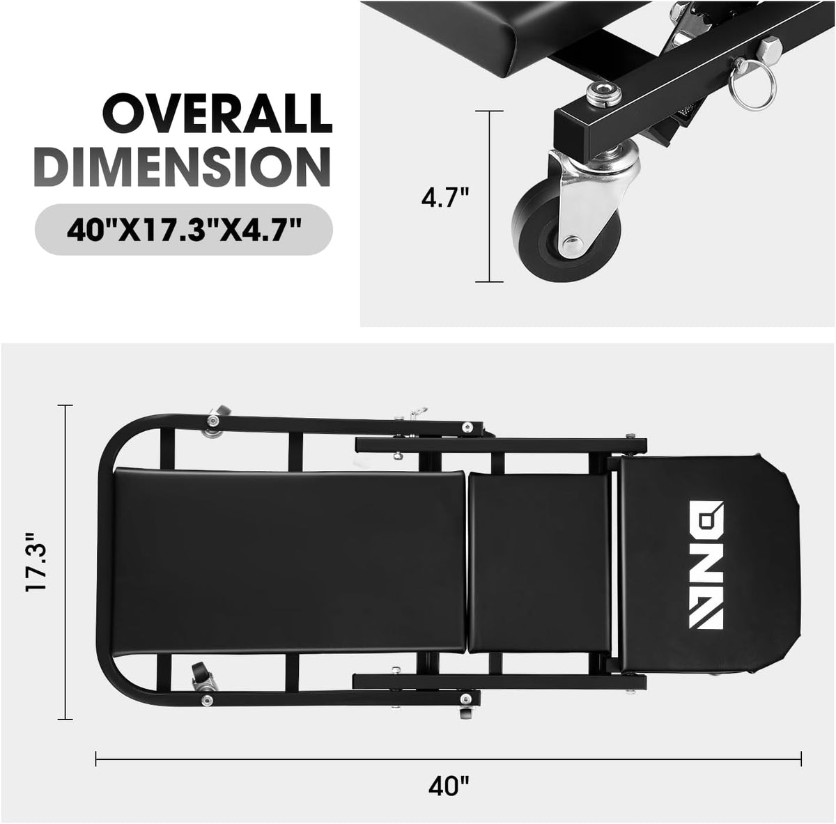 DNA MOTORING 40 Inches Folding 2 in 1 Rolling Z Creeper, Adjustable Roller Garage Chair Lay Down or Sit, 6 Pcs 2" Casters, 150kg Weight Capacity, Black, TOOLS-00494