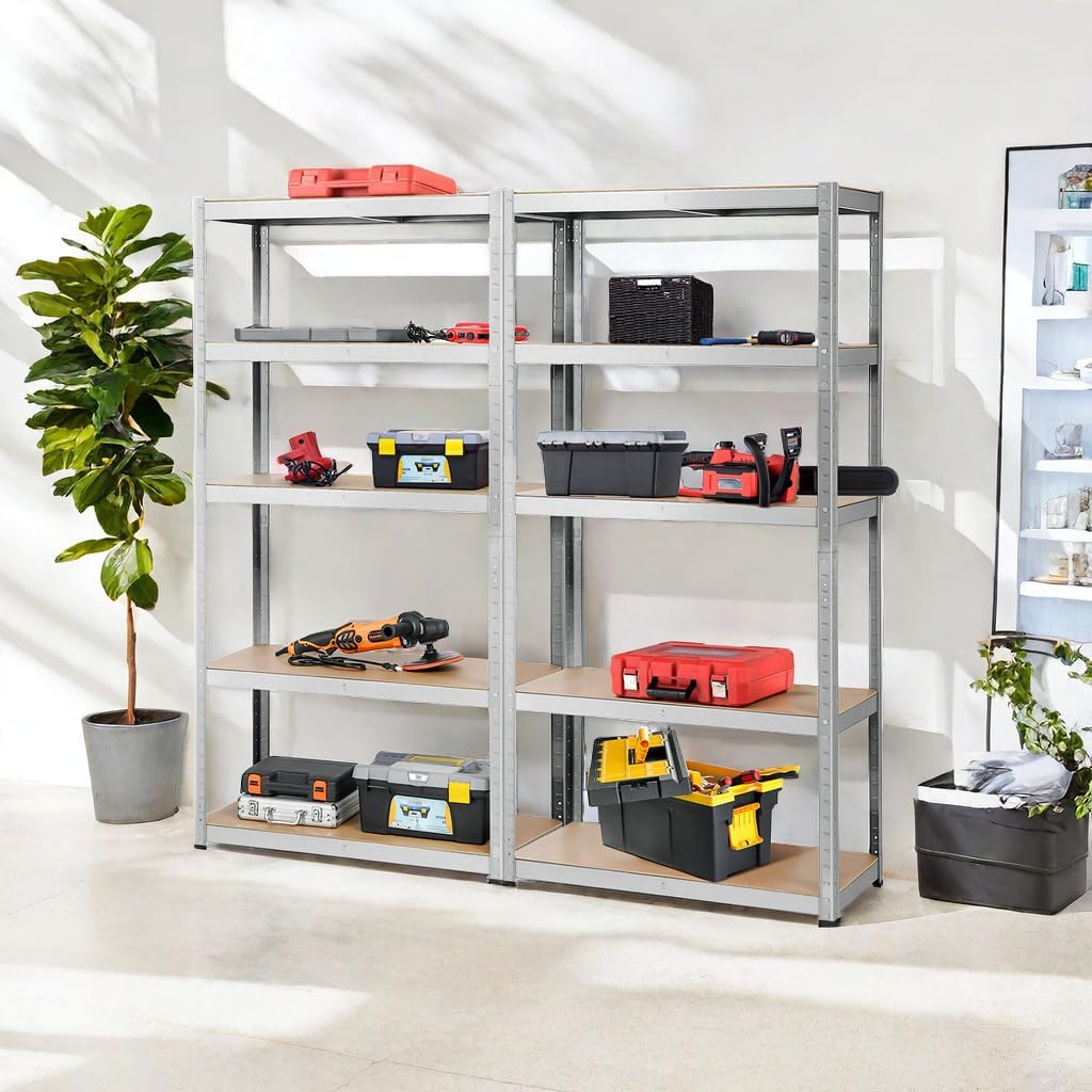 ERGOMASTER 5 Tiers Steel Shelves for Storage Heavy Duty Garage Organization Utility Shelf Rack for Books, Kitchenware and Tools Bolt-Free Assembly 72 x 16 x 72 inches (Set of 2,Silver)