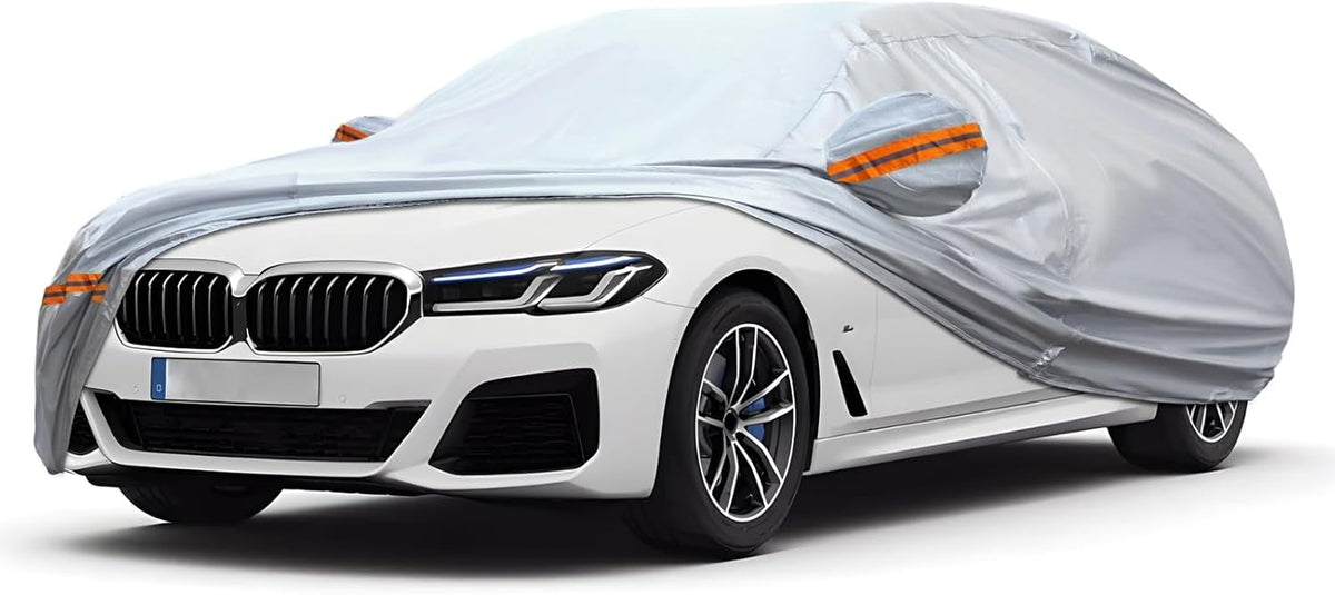 KEYOOG Car Cover, Fit for 188"-198" Length Sedan, 6-Layer All-Weather Waterproof, Universal in All Seasons, Snow Prevention, Rainproof, Acid Rainproof, Sunscreen, Orange Reflective Strip