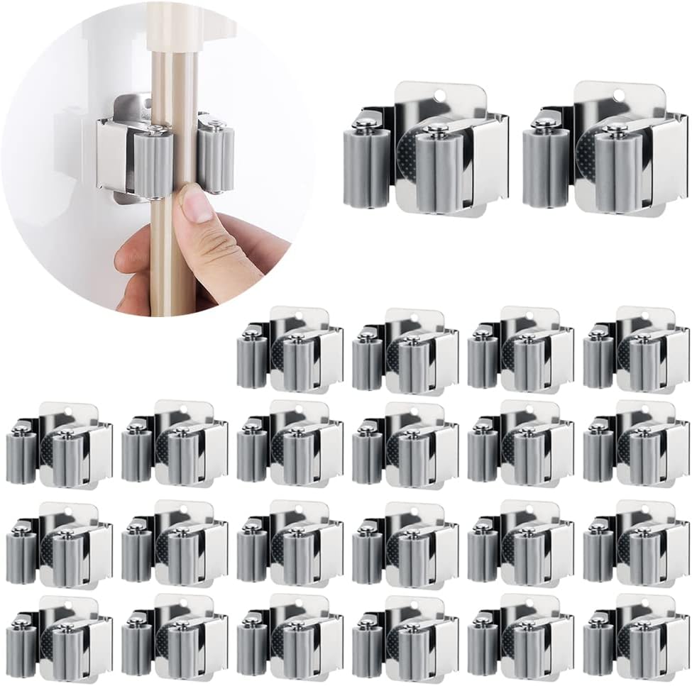 24 PCS Broom and Mop Holder, Heavy Duty Garden Tool Organizer Rack Rake and Shovel Handle, Stainless Steel Mop Hanger. Wall Mounted Utility Rack with Screws, Silver.