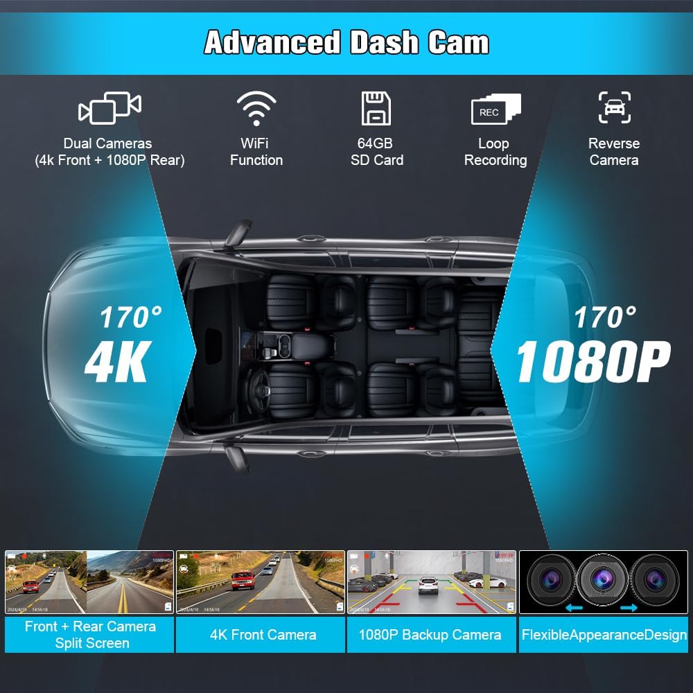 10.26" Portable Carplay Screen for Car, Wireless Carplay & Android Auto Car Stereo, Touchscreen GPS Navigation 4K Dash Cam/1080P Backup Camera/Mirror Link/Bluetooth/Voice Control