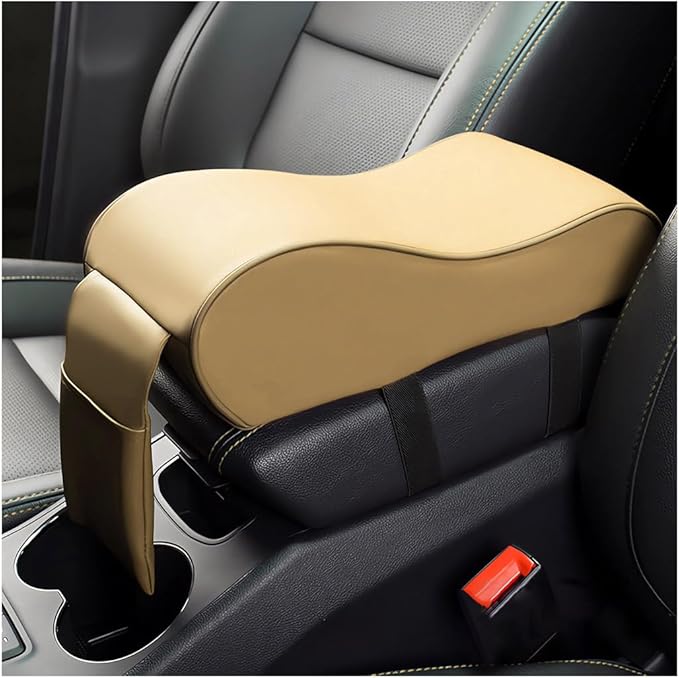Car Armrest Cushion, Soft Memory Foam Auto Armrest Pillow with Storage Bag, Leather Center Console Arm Rest Padded Cushion with Phone Holder, Universal Car Accessories (Beige)