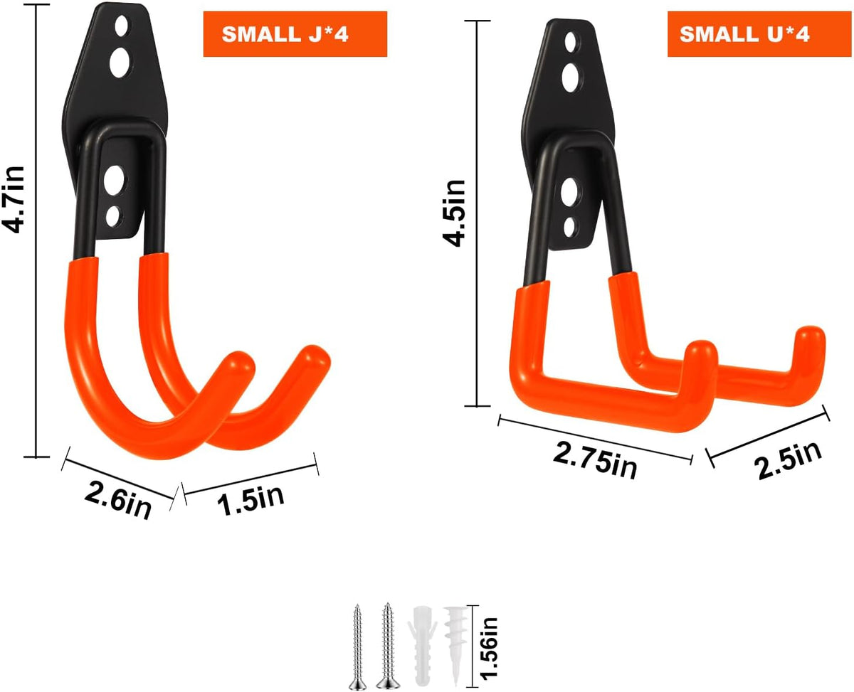 Steel Garage Hooks Wall Tool Organizer, 8 Pack Garage Storage Hook Heavy Duty Utility Storage Hangers Orange for Ladders, Ropes, Garden Tools