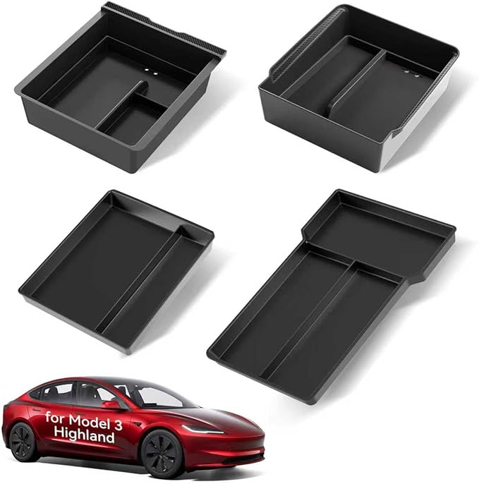 2025 Upgrade Center Console Organizer Tray for Tesla Model 3 Highland Accessories 2024 2026, Divided Storage Double Layer Space Slide smoothly - 4 PCS, Black