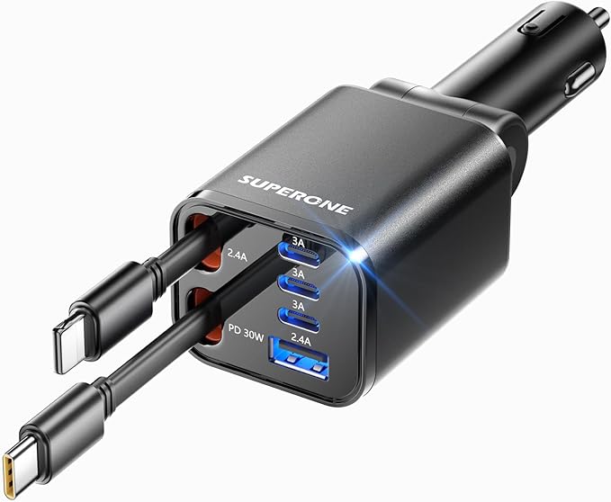 Retractable Car Charger, SUPERONE 99W Car Phone Charger with Cables Fast Charging, USB C Car Charger Adapter for iPhone 17 16 15 14 13 12, Samsung, Black