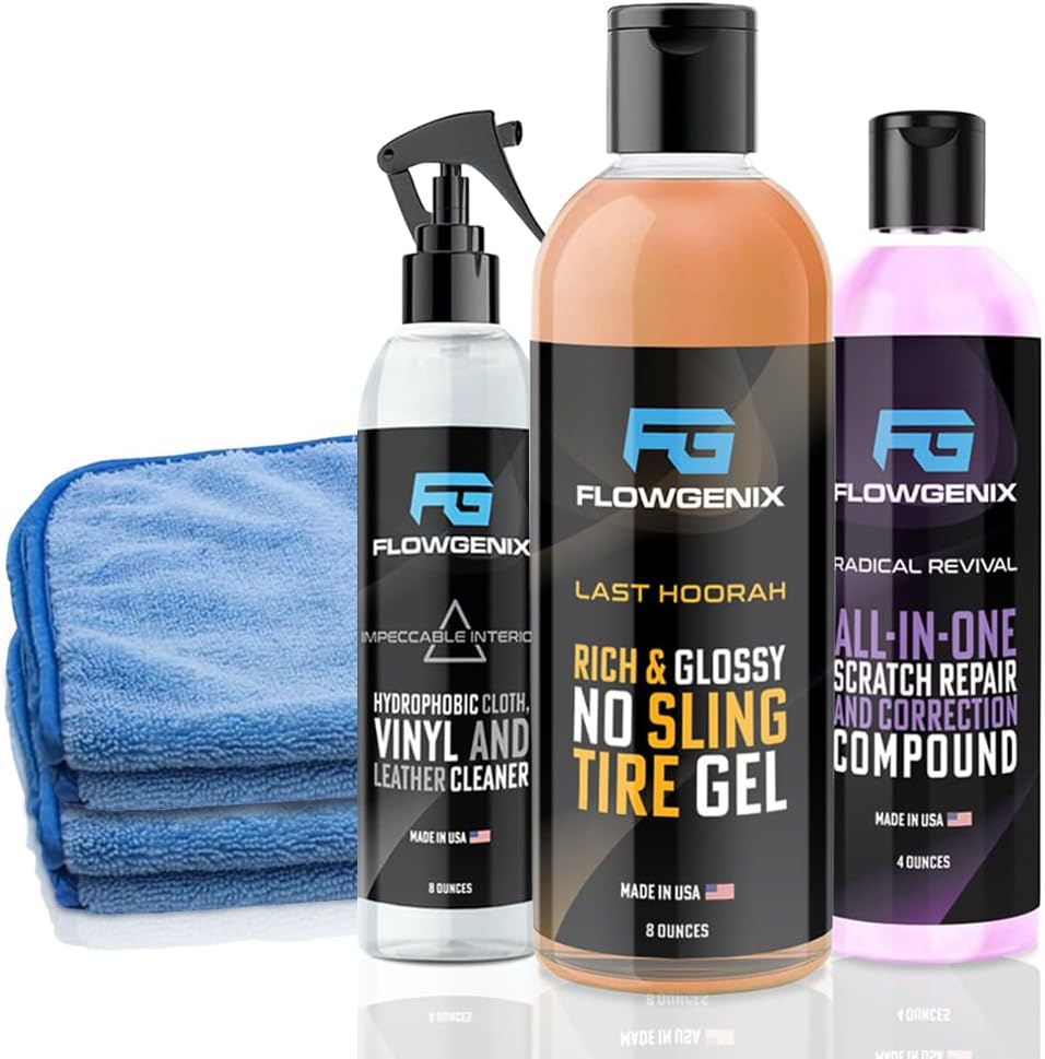 Grand Slam 3-Pack - Includes Tire Shine Gel (8oz), Car Scratch Remover (4oz), Water-Repellent Vinyl and Car Leather Protector (8oz), 2 Microfiber Towels