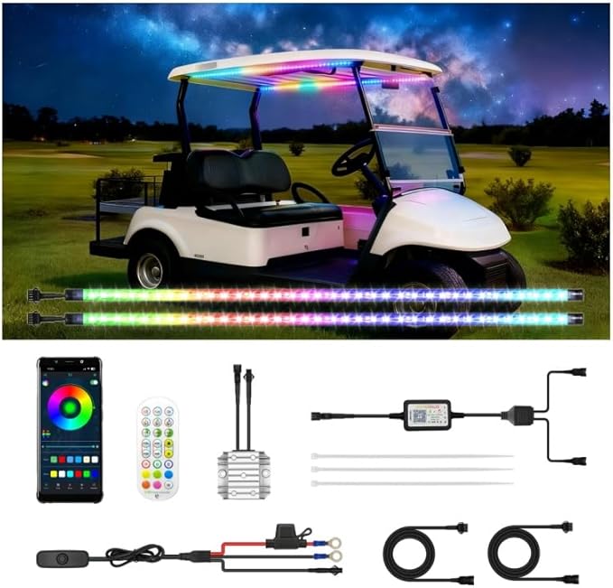 2 Pcs RGB+IC Golf Cart Canopy Lights Strip, 12V-80V Dream Color Chasing Golf Cart Roof Light with Remote and APP Control, Voltage Reducer Included, Music Sync for EZGO Yamaha Club Car