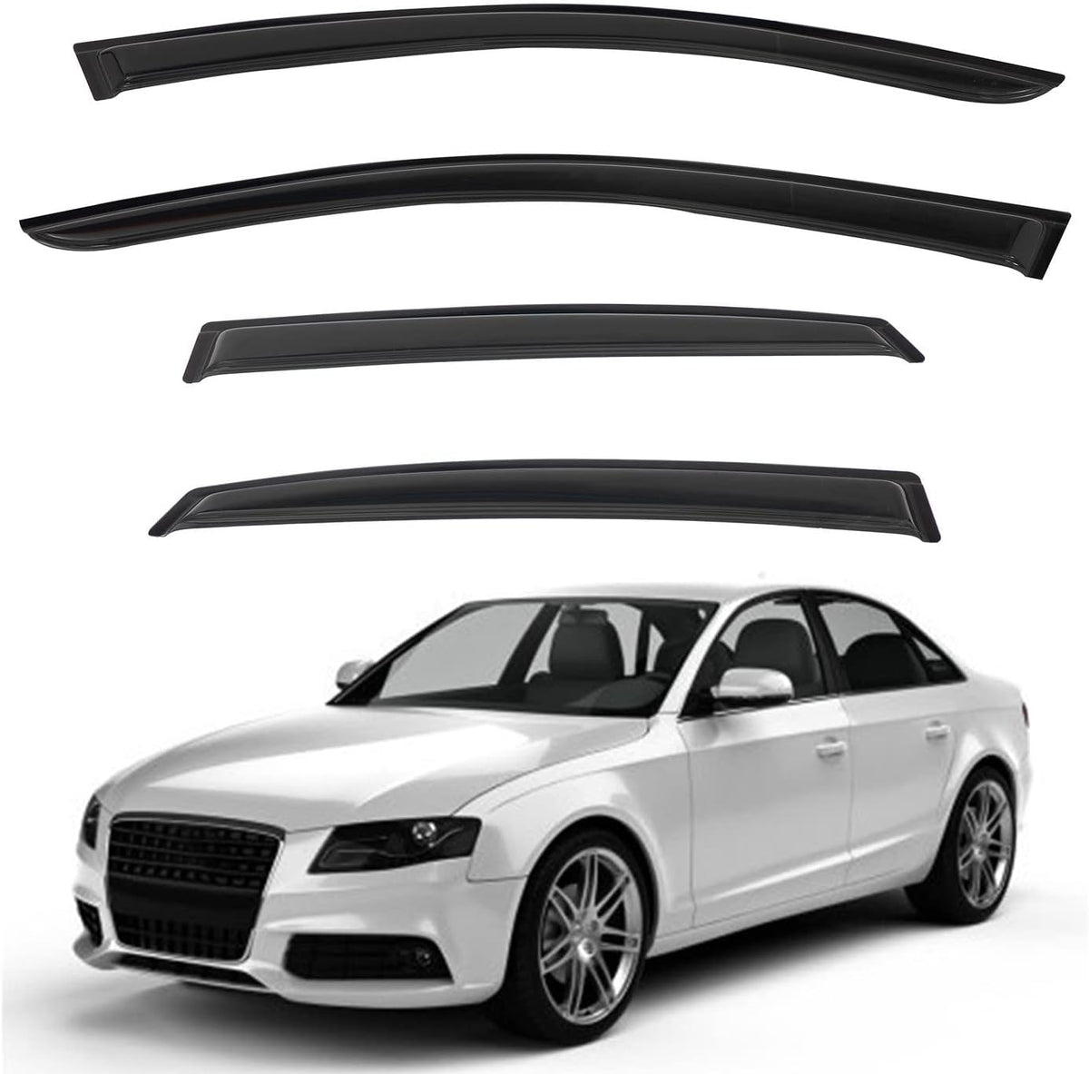 4pcs Front+Rear Smoke Tint Sun/Rain Guard Outside Mount Tape-On Vent Window Visors Compatible with 09-16 B8 A4/A4 Quattro/S4 4-Door Sedan