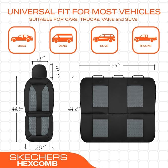 Skechers Memory Foam™ Car Seat Cover Full Sets, Hexcomb Breathable Thick Seat Covers, Airbag Compatible, Automotive Comfort & Protection Universal for 95% Cars,Van,Trucks, SUVs Grey