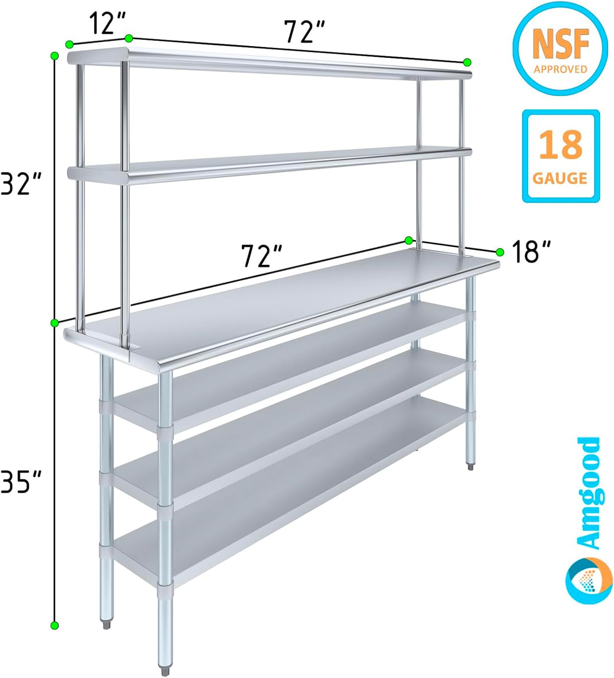 Amgood 18" x 72" Stainless Steel Work Table with 3 Shelves and 12" Wide Double Tier Overshelf | Metal Kitchen Prep Table & Shelving Combo | NSF
