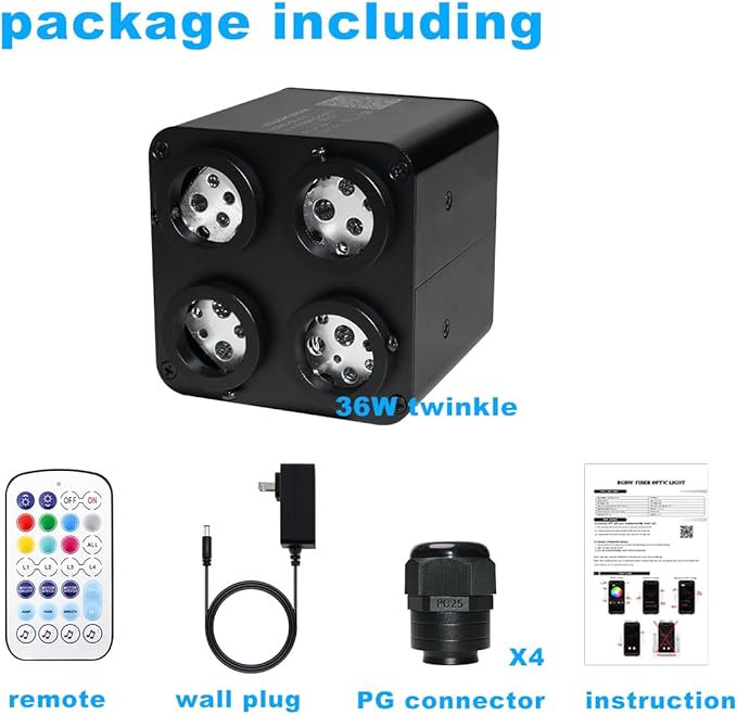 AZIMOM 4color 36W Twinkle Fiber Optic Starlight Box, 4Port Light Source Sound Activated Remote APP Control for Home Indoor Ceiling Car Headliner Star Lighting Decoration
