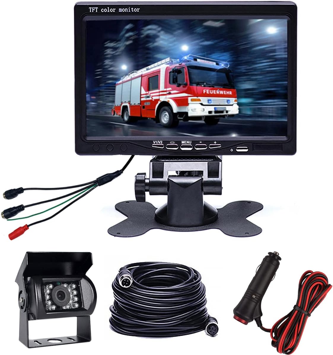 Hikity Backup Camera with Monitor Kit, Waterproof 18 IR LED Night Vision Reverse Camera + 7" Rear View Monitor Vehicle Parking System for RV Bus Trailer Truck (65ft Video Cable+ Cigarette Lighter)