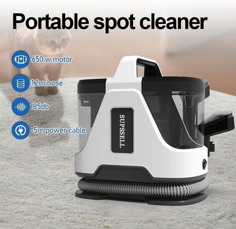 Carpet Spot Cleaner Machine, 16Kpa Portable Deep Cleaner with 62oz Tank and for Carpets, Upholstery, Pet Hair，Includes 2 Brushes, Extension Hose (White)