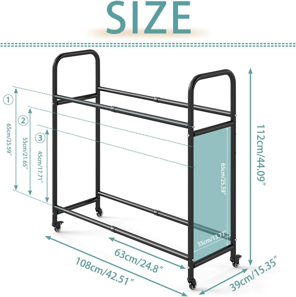 Hershii Tire Storage Rack Standing Garage Storage Shelf Organizer for Indoor Outdoor Use, Rolling Tire Rack Adjustable - Black 24.80-42.51'' X 15.35'' X 44.09''