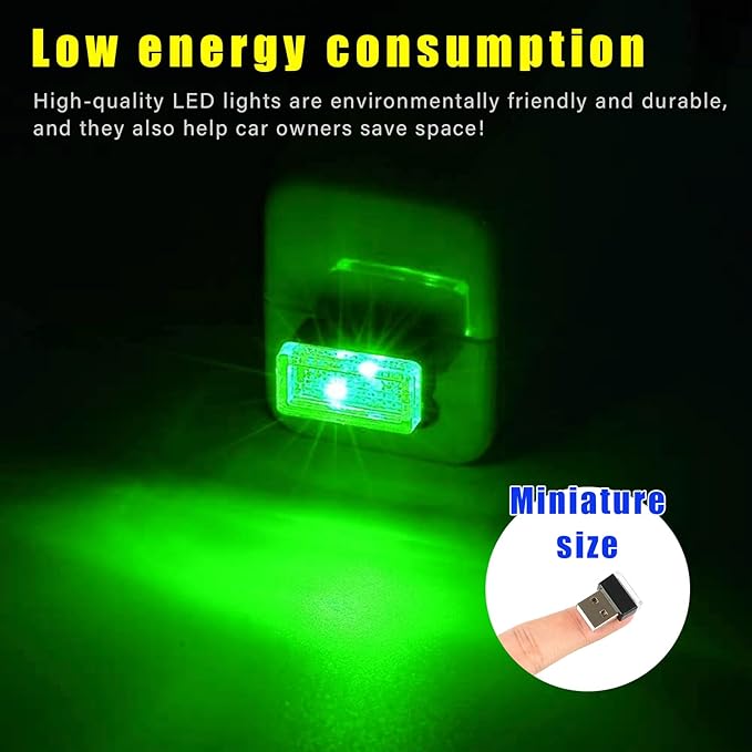 Augeny 4 PCS USB LED Car Interior Atmosphere Lamp, Plug-in USB Decor Night Light, Portable Auto Ambient Lighting Kit, Universal Vehicle Interior Accessories for Most Cars (Green)